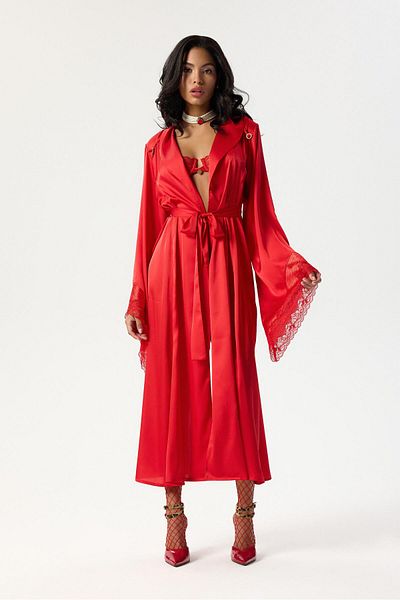 Feu De Elu Eclatant Red Lace Long Satin Dressing Gown / Kimono