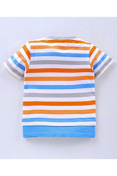 Babyhug تي شيرت بأكمام نصفية وطبعة دب وخطوط - متعدد الألوان