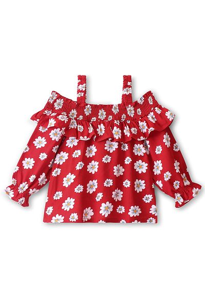 Babyhug بلوزة Babyhug Rayon Woven Off Shoulder بأكمام طويلة وطبعات زهور وتفاصيل كشكش - أحمر