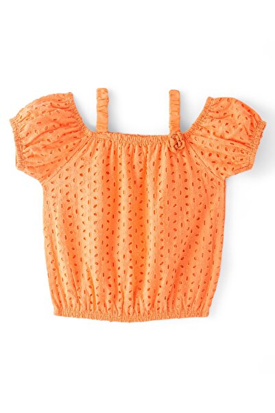 Babyhug Babyhug Cotton Half Sleeve Schiffli Top With Bow Applique - Orange