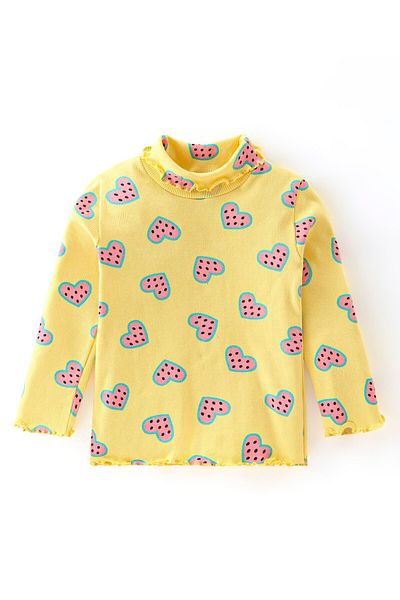 Babyhug Babyhug 100% Cotton Full Sleeves Skivi T-Shirt with Heart Printed - Yellow