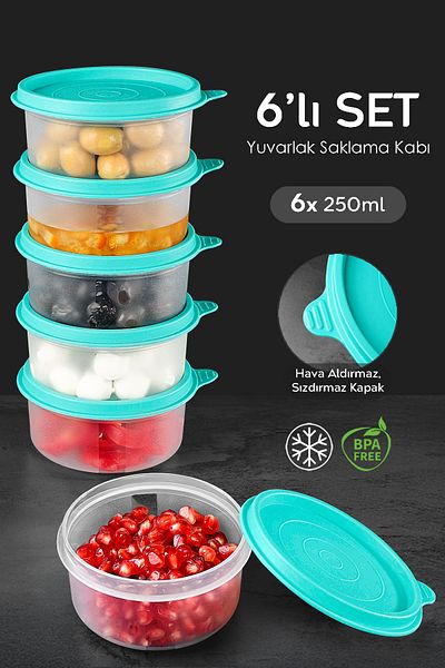 Meleni Home Set of 6 Green Food Container - Round Food Storage Organizer, 6X250Ml