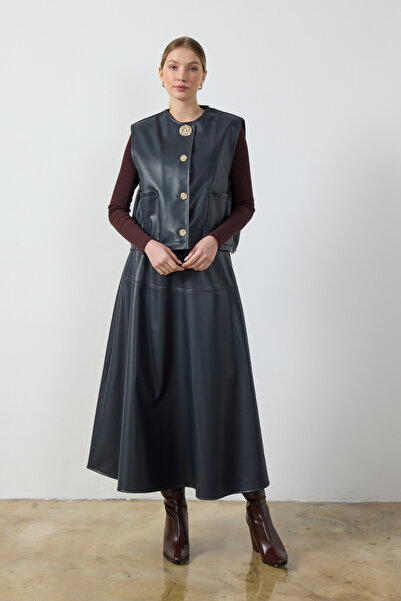 Birgül Bektaş Lacivert Cep Detaylı Deri Yelek