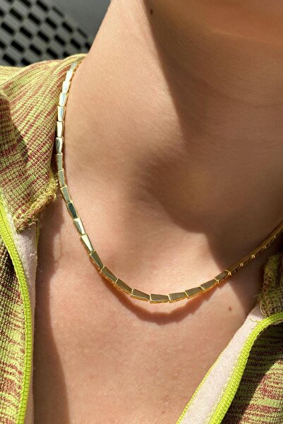 Spossy Silver Jewelry 925 Ayar Gümüş, Gold, Oval Sıralı Choker Kolye
