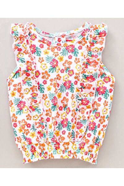 Babyhug Sleeveless Top Floral Print with Frill and Smock Detailing - White