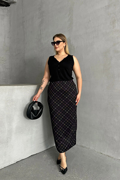 Stil Diva Diamond Patterned Pocketless Midi Large Size Skirt - 302495