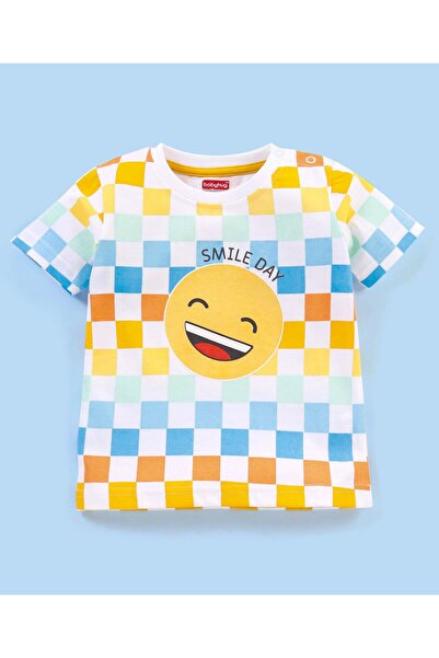 Babyhug تي شيرت من القطن المحبوك بأكمام نصفية وطبعة إيموجي - أبيض