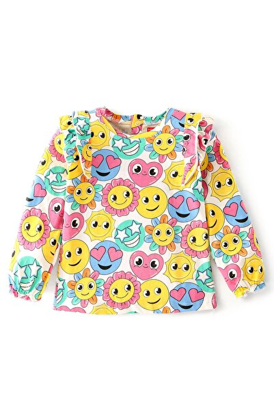 Babyhug بلوزة Babyhug 100% قطن محبوك بأكمام طويلة مع تفاصيل كشكش وطبعة رموز ت...