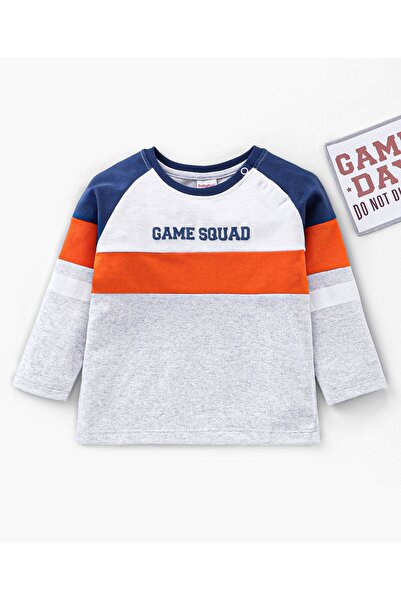 Babyhug تي شيرت من القطن بأكمام طويلة وطبعة نصية من القماش - رمادي