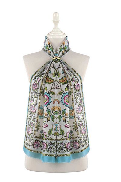 Bursa İpek Blue Lilies Pattern Voile Silk Scarf