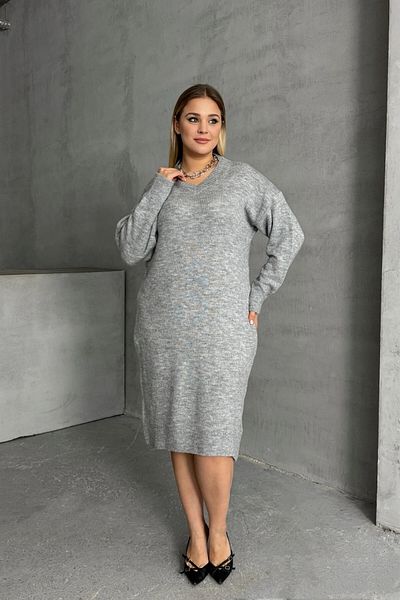 Stil Diva V-Neck Long Sleeve Knitted Plus Size Sweater Dress - 302335