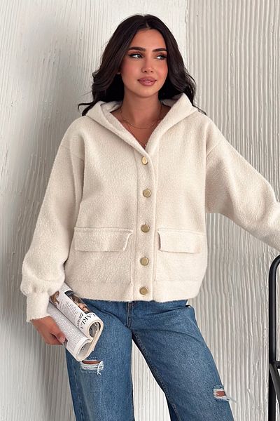FEMELLE Women's Ecru Standard Size Buttoned Pocket Hooded Soft Knitwear Jacket
