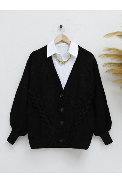 Modamorfo Black Buttoned Chain Knit Detailed Cardigan