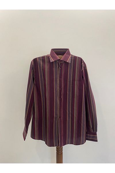 Yils LONDON Men's Burgundy Striped Shirt - Long Sleeve - 100% Cotton