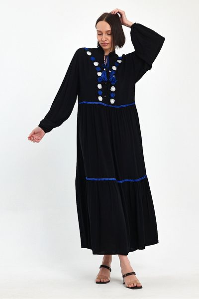 Denismoda Rochie din viscoza brodata cu guler judecator - Maneca cu balon cu siret