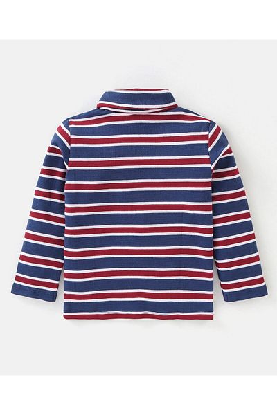 Babyhug Babyhug 100% Cotton Knit Full Sleeves Turtle Neck Tee with Stripes Design - Navy Blue & Red