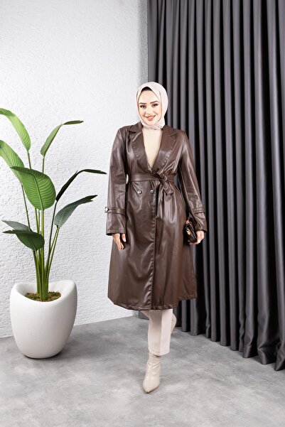 HARMAN BUTİK Kadın Deri Cepli Kuşaklı Trençkot