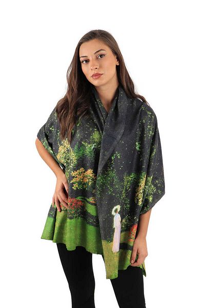 Bursa İpek Women's Pattern Winter Shawl in Green Garden