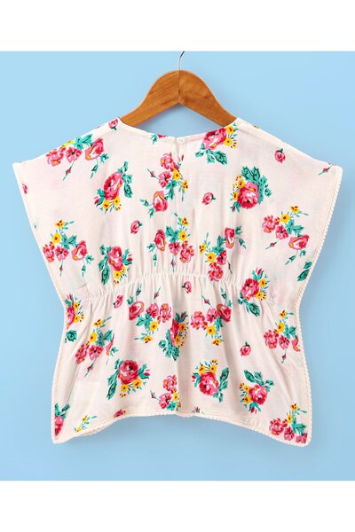 Babyhug Half Sleeves Kaftan Style Rayon Top with Lace & Tassel Detailing- White