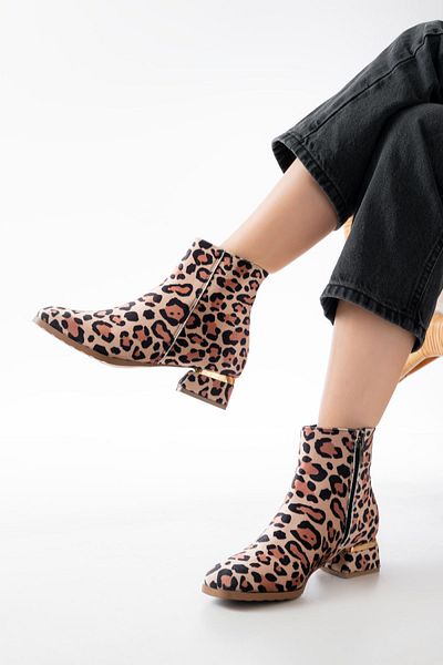 İNFON INFON RM-500 Leopard Heeled Daily γυναικείες μπότες με φερμουάρ