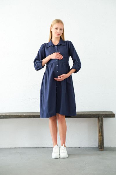 BUSA Maternity Long Sleeve Side Pocket Button Dress Dark Blue