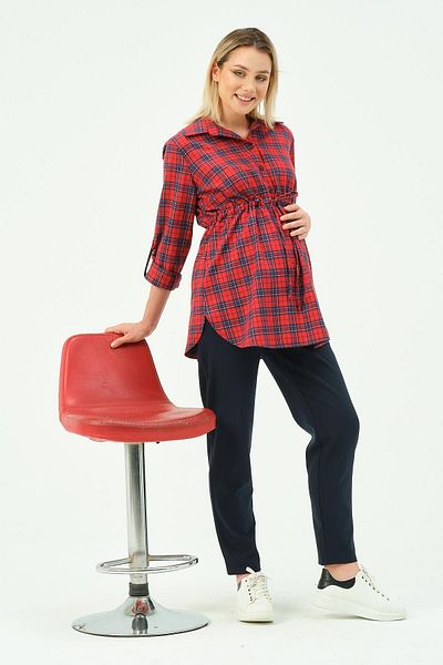 BUSA Red Plaid Shirt - Pregnant Women's Lace-Up Waist, Button Front