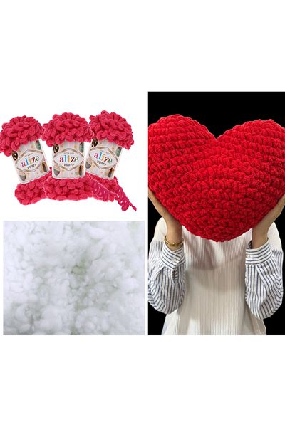 Alize Σετ μαξιλαριών 3 τεμαχίων Puffy Heart 149 Φούξια 400gr Χάντρες Ίνες