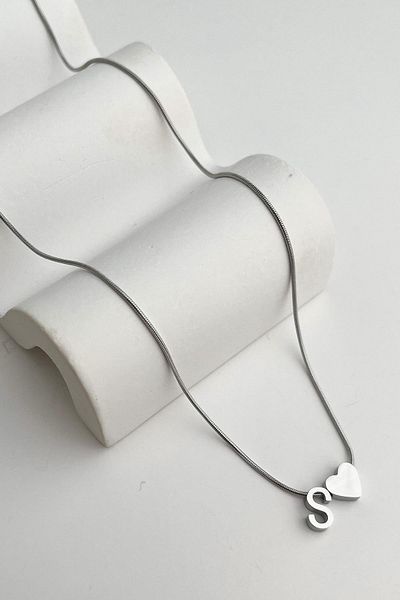 Modex Steel Heart Detailed Letter S Necklace (45Cm+5Cm)