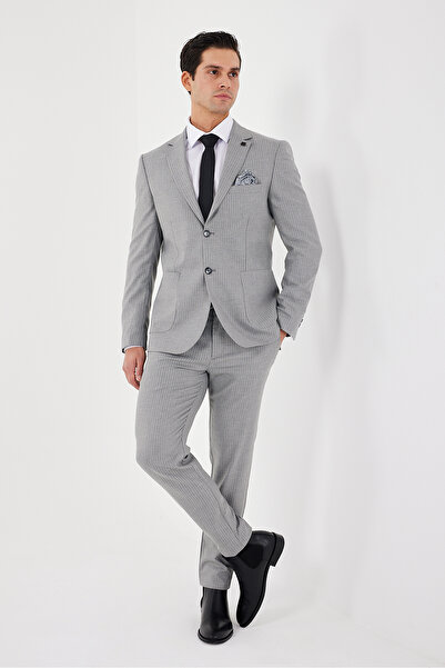 ACTUAL Erkek Çizgili Takım Elbise 4063-03 Gri