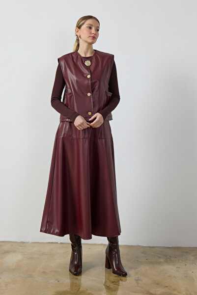 Birgül Bektaş Bordo Deri Etek