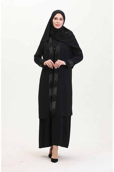 sefamerve Σετ Μαύρο Φόρεμα και Γιλέκο Plus Size - 6140-03