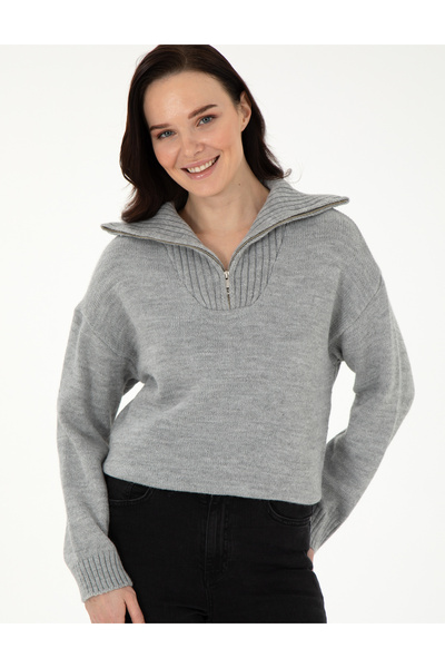 Pierre Cardin Gray Melange Comfort Fit Zippered Sweater 50290597-Vr086