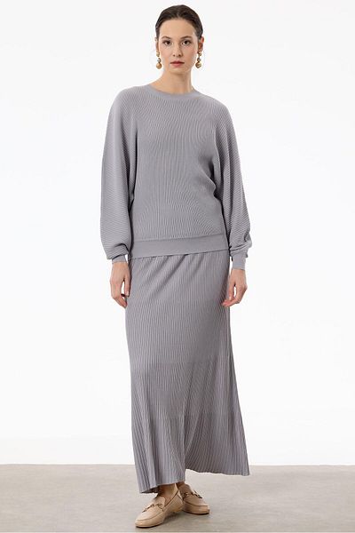 Tığ Triko Gray Rayon Suit - Bat Sleeve Skirt