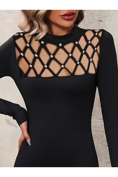 REKA MODA Women's Long Sleeve Crew Neck Laser Cut Pearl Detail Viscose Two Thread Mini Length Dress