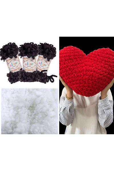 Alize 3 Puffy Heart Pillows - 1060 Black and 400g. Bead Fiber Set