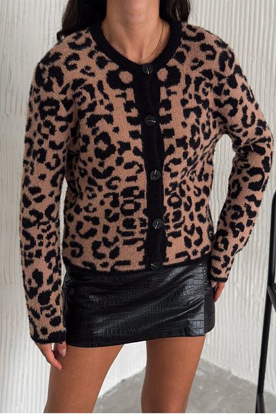 FEMELLE Cardigan de damă, maro, mărime standard, cu nasturi, cu model leopard