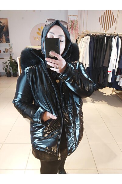 Lisa Exclusive KÜRK DETAYLI ÇIKABİLİR KAPÜŞONLU PARLAK MONT SİYAH 4033