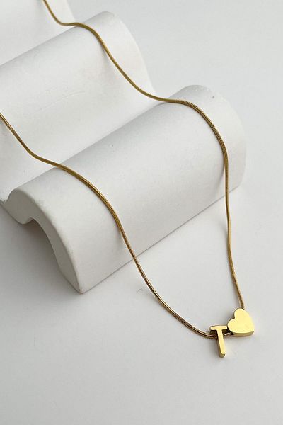 Modex Steel Heart Detailed Letter t Necklace (45Cm+5Cm)