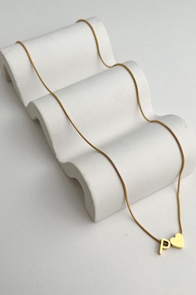 Modex Steel Heart Detailed Letter P Necklace (45Cm+5Cm)