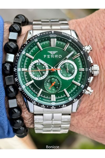 FERRO Brand Functions Active Steel Band, Silver Color, Green Dial Men's Wrist Watch + Bracelet Gift