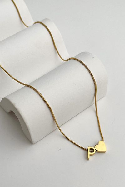 Modex Steel Heart Detailed Letter P Necklace (45Cm+5Cm)