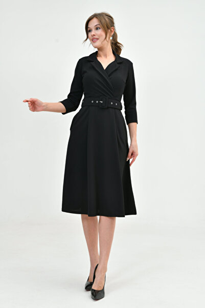 4S1B FASHION Μαύρο ελαστικό ύφασμα κρεπ με διπλό στήθος με ζώνη σχεδίασης μίν...