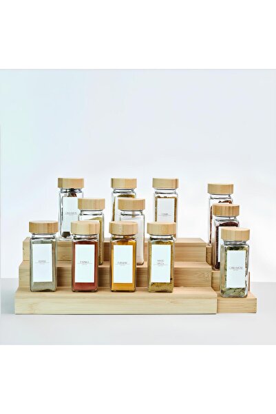 EYD 12'li Baharat Kavanozu Bambu Kapaklı Kavanoz Serpme Başlıklı Baharatlık T...