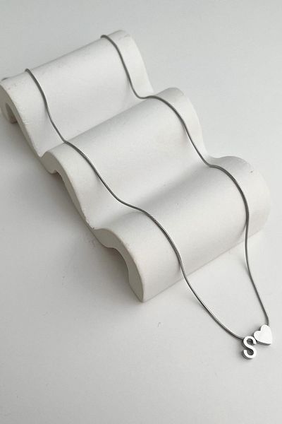 Modex Steel Heart Detailed Letter S Necklace (45Cm+5Cm)
