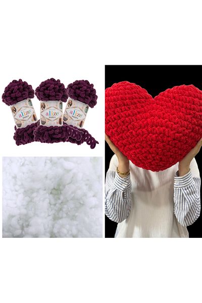 Alize Set of 3 Puffy Heart Pillows - 111 Purple and 400g Bead Fiber