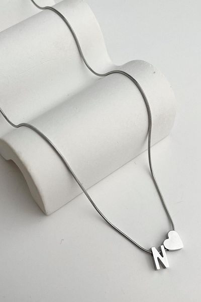 Modex Steel Heart Detailed Letter N Necklace (45Cm+5Cm)