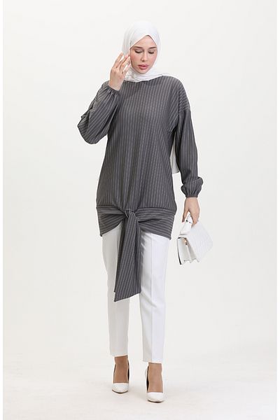 sefamerve Gray Striped Tunic - Model 1028-01