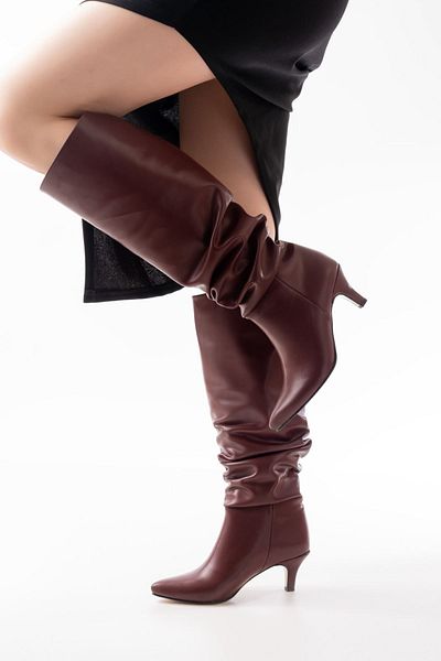 ELLOLİTA LUXURY SHOES SR-2001 Claret Red Thin Heeled Daily Boots