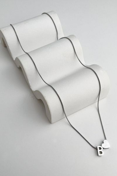 Modex Steel Heart Detailed Letter B Necklace (45Cm+5Cm)