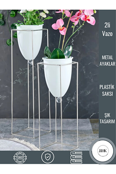 MHK Collection Gümüş Renkli 2'li Büyük Ayaklı Vazo Ve Çiçeklik Seti - Şık Ve ...